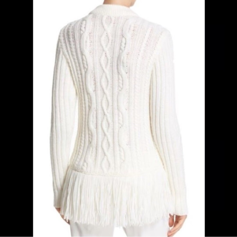 Tory Burch | Valero Fringe Hem Fisherman Sweater in Winter White - Picture 2 of 11